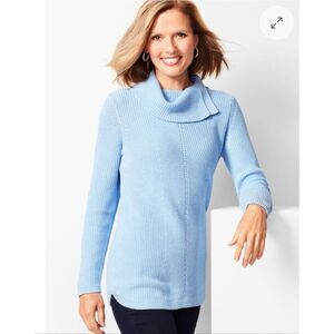 TALBOTS Shaker Stitch Cowlneck Sweater L Baby Blue Knit Tunic Cozy Soft Stretch